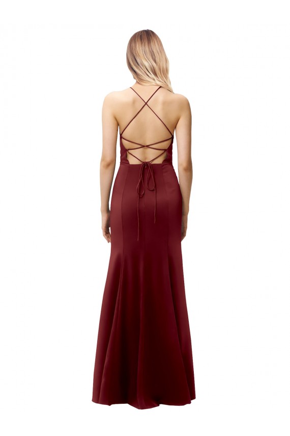 Buy High Neck Long Stretch Crepe Burgundy Gold Sleeveless Formal Evening Dress UK