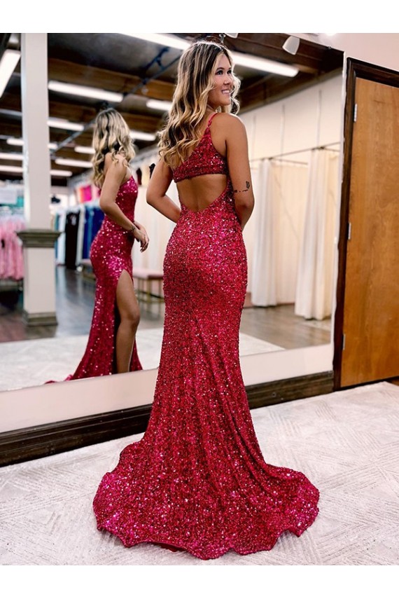 Buy One Shoulder Sweep Train Velvet Sequin Burgundy Sleeveless Evening Gown UK