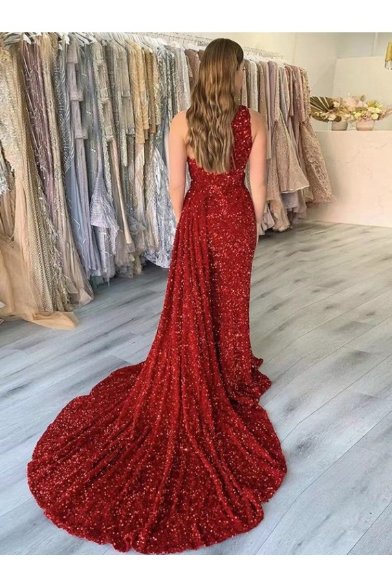 Buy One Shoulder Court Train Velvet Sequin Burgundy Sleeveless Evening Dress UK