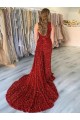 Buy One Shoulder Court Train Velvet Sequin Burgundy Sleeveless Evening Dress UK