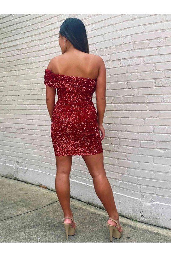 Buy One Shoulder Short Velvet Sequin Burgundy Sleeveless Evening Dress UK