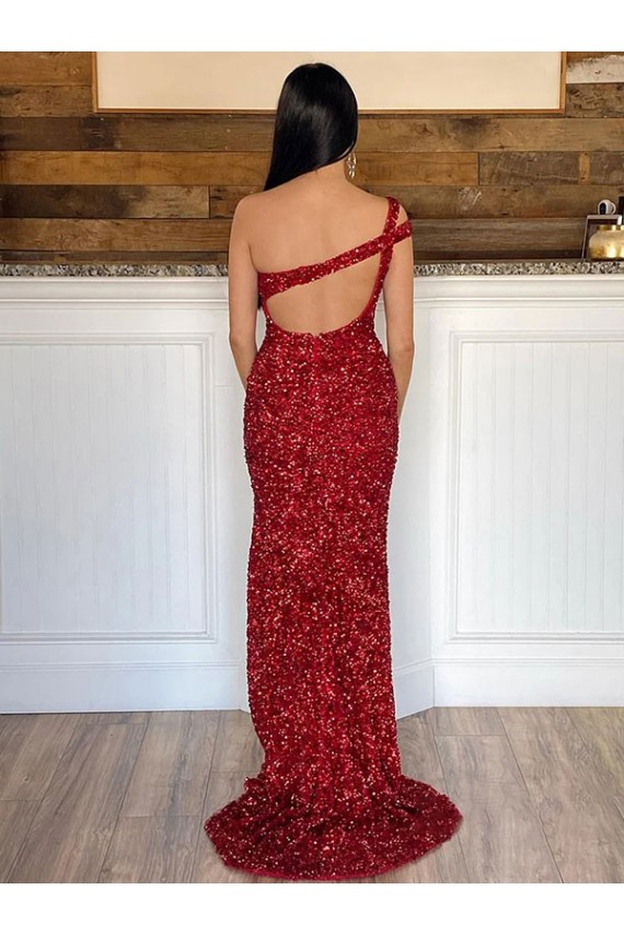 Buy One Shoulder Sweep Train Velvet Sequin Burgundy Sleeveless Evening Dress UK