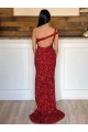Buy One Shoulder Sweep Train Velvet Sequin Burgundy Sleeveless Evening Dress UK