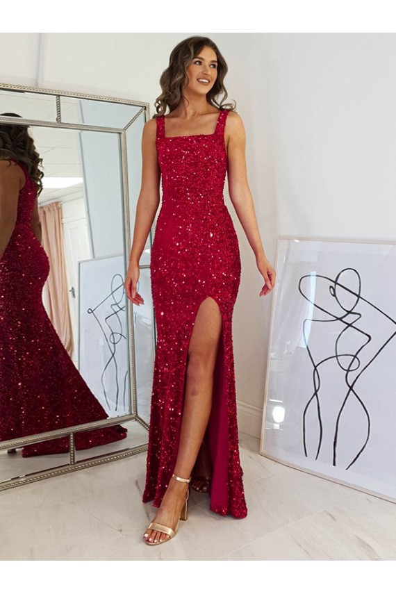 Buy Square Neck Long Velvet Sequin Burgundy Sleeveless Evening Dress UK