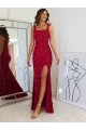 Buy Square Neck Long Velvet Sequin Burgundy Sleeveless Evening Dress UK