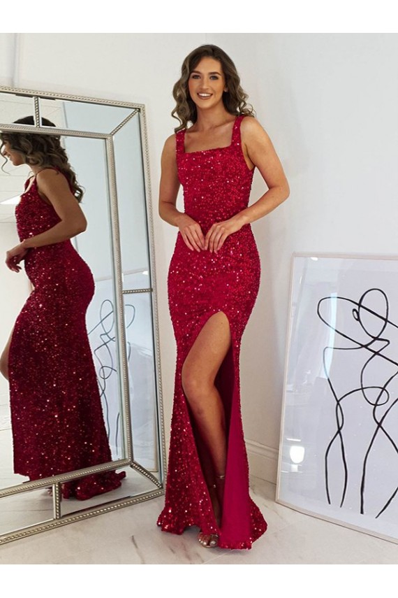 Buy Square Neck Long Velvet Sequin Burgundy Sleeveless Evening Dress UK
