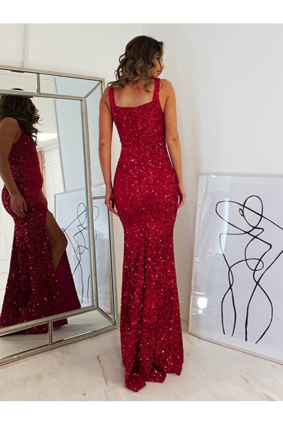 Buy Square Neck Long Velvet Sequin Burgundy Sleeveless Evening Dress UK