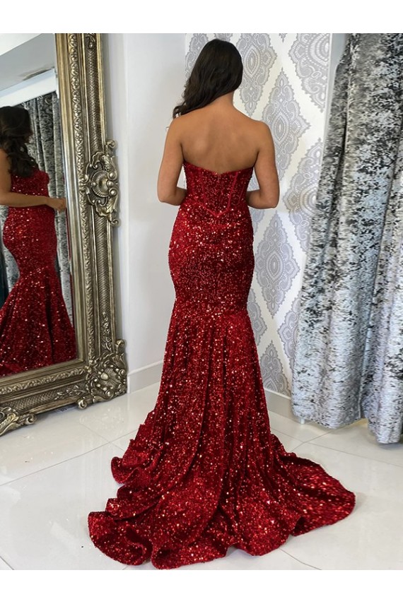 Buy Sweetheart Court Train Velvet Sequin Burgundy Sleeveless Evening Gown UK