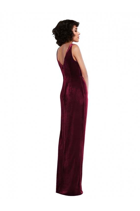 Buy V-Neck Long Stretch Velvet Burgundy Sleeveless Semi Formal Evening Dress UK