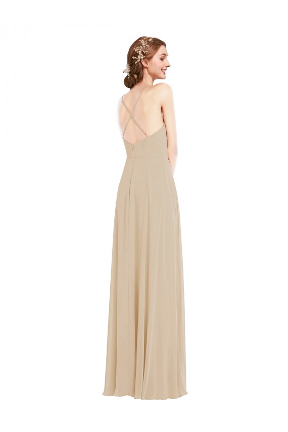 Buy V-Neck Long Soft Chiffon Champagne Sleeveless Semi Formal Evening Dress UK