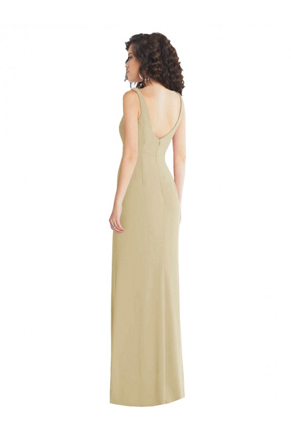 Buy Square Neck Long Stretch Crepe Champagne Sleeveless Formal Evening Dress UK