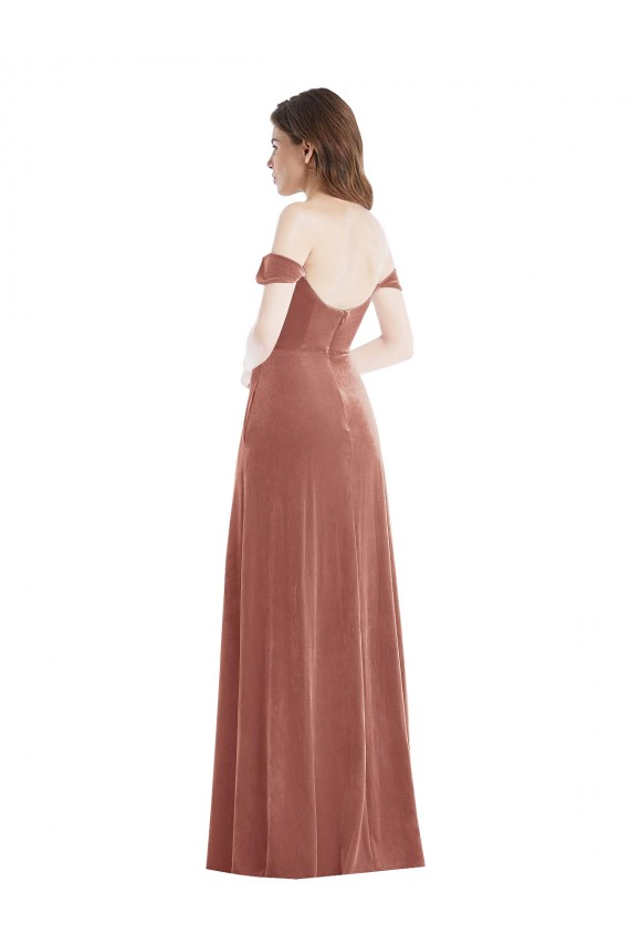 Buy Off the Shoulder Long Stretch Velvet Cinnamon Rose Sleeveless Semi Formal Evening Dress UK