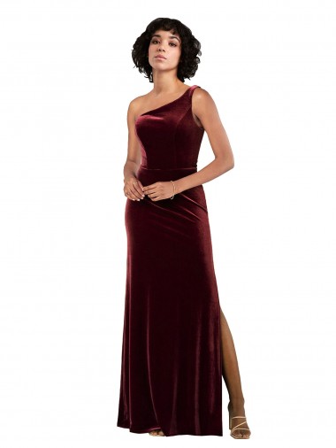 Buy One Shoulder Long Stretch Velvet Burgundy Sleeveless Formal Evening Dress UK