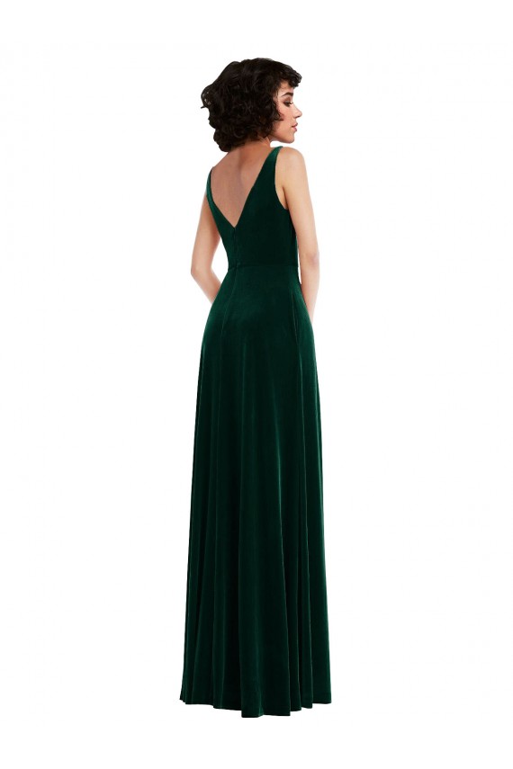Buy V-Neck Long Stretch Velvet Dark Green Sleeveless Evening Gowns UK