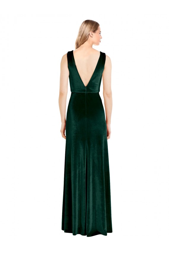Buy V-Neck Long Stretch Velvet Dark Green Sleeveless Evening Dress UK