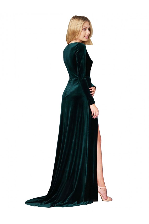 Buy V-Neck Sweep Train Stretch Velvet Dark Green Long Sleeves Black Tie Evening Dress UK