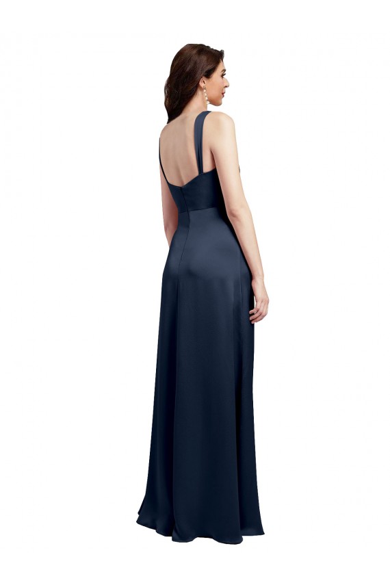 Buy Cowl Neck Long Stretch Satin Dark Navy Sleeveless Formal Evening Dress UK