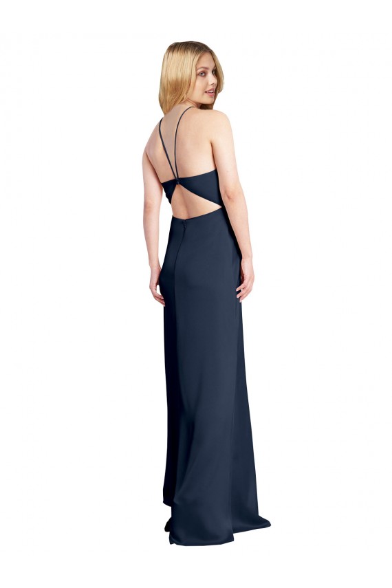 Buy Halter Neck Long Stretch Satin Dark Navy Sleeveless Formal Evening Dress UK