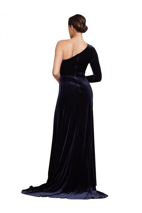 Buy One Shoulder Sweep Train Stretch Velvet Dark Navy Long Sleeves Formal Evening Dress UK