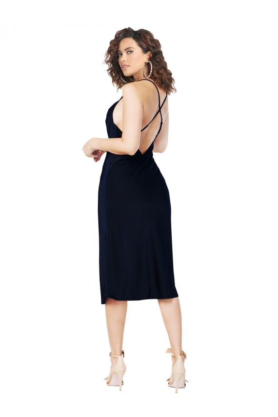 Buy Cowl Neck Midi Length Silky Satin Dark Navy Sleeveless Formal Evening Dress UK