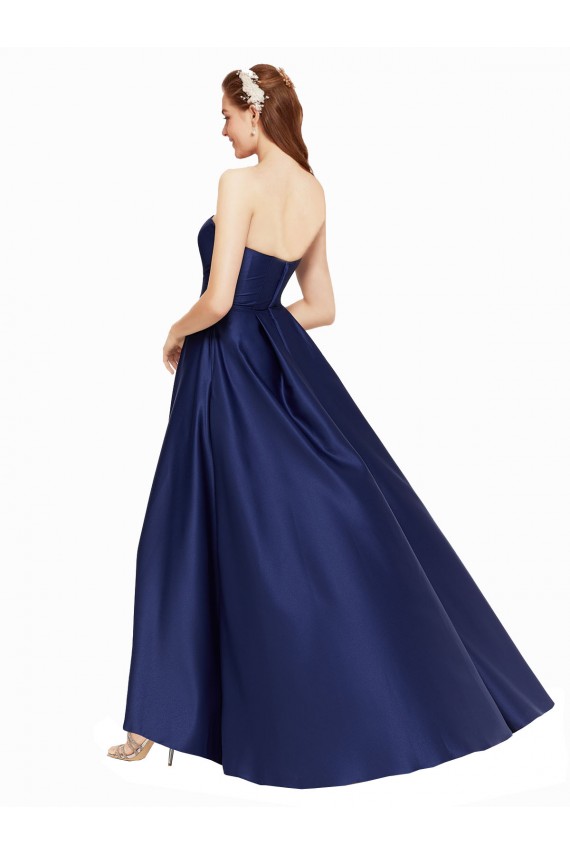 Buy Strapless Long Satin Dark Navy Sleeveless High Low Evening Dress UK