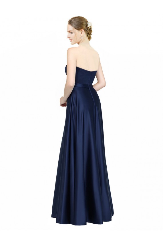 Buy Sweetheart Long Stretch Satin Dark Navy Sleeveless Black Tie Evening Dress UK