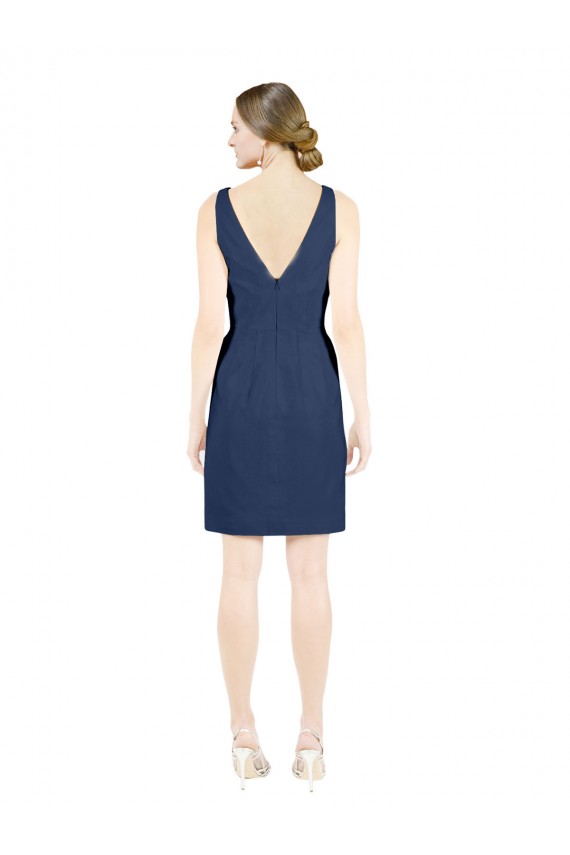 Buy V-Neck Knee Length Satin Dark Navy Sleeveless Evening Dress UK