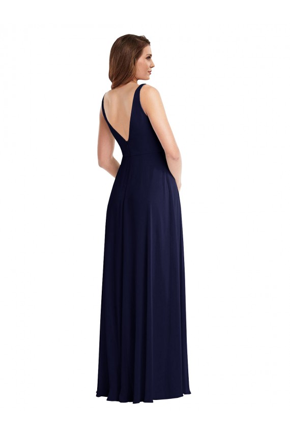 Buy V-Neck Long Soft Chiffon Dark Navy Sleeveless Black Tie Evening Dress UK