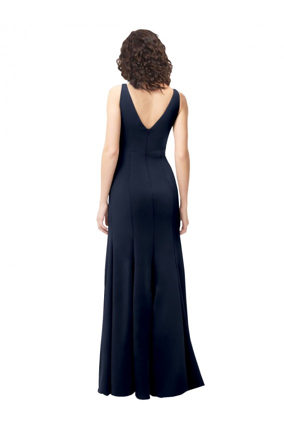 Buy High Neck Long Stretch Crepe Dark Navy V-Neck Sleeveless Evening Dress UK