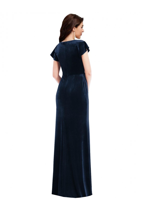 Buy V-Neck Long Stretch Velvet Dark Navy Flutter Sleeves Evening Dress UK