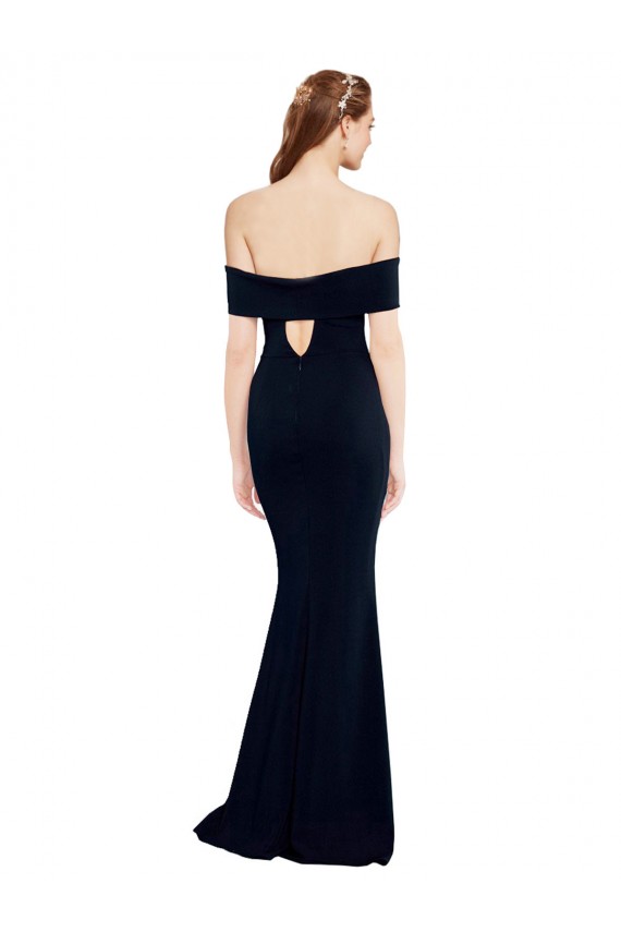 Buy Off the Shoulder Long Stretch Crepe Dark Navy Sleeveless Evening Dress UK