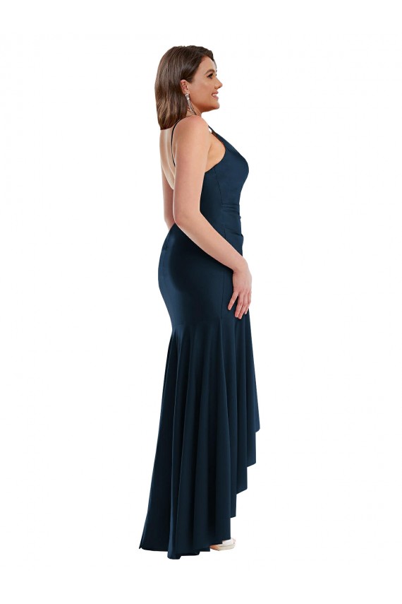Buy Spaghetti Straps Long Silky Satin Dark Navy Sleeveless High Low Plus Size Evening Dress UK