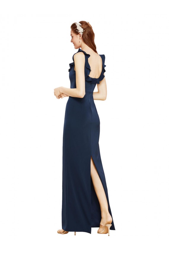 Buy Scoop Neck Long Stretch Crepe Dark Navy Sleeveless Formal Evening Dress UK