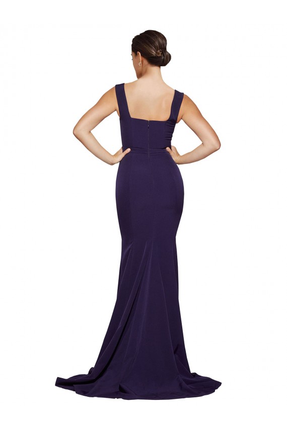Buy Square Neck Sweep Train Stretch Crepe Dark Navy Sleeveless Semi Formal Evening Dress UK