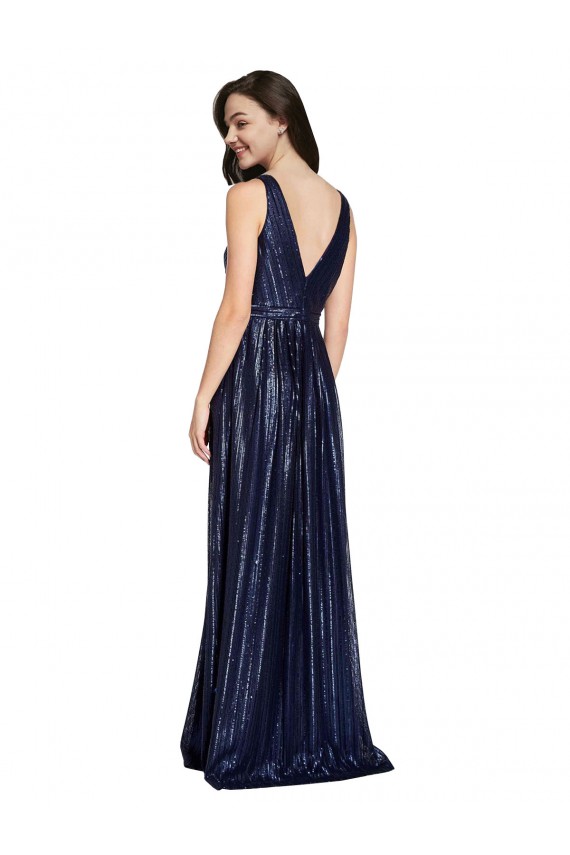 Buy V-Neck Long Sequin Dark Navy Sheath Sleeveless Formal Evening Dress UK