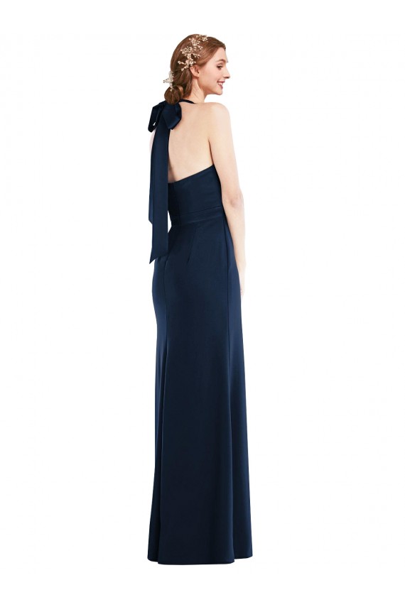 Buy High Neck Long Stretch Crepe Dark Navy Sleeveless Semi Formal Evening Dress UK