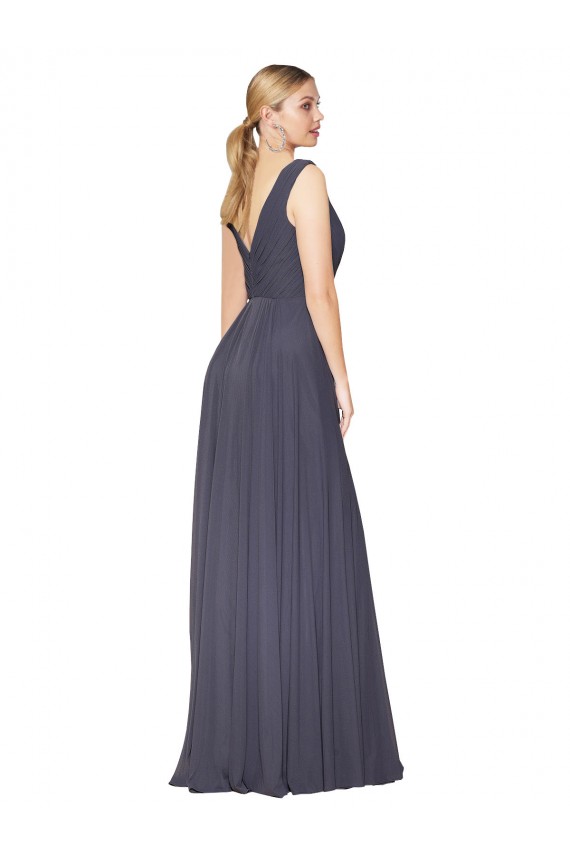 Buy High Neck Long Soft Chiffon Dusty Blue Sleeveless Formal Evening Dress UK