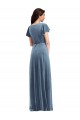 Buy V-Neck Long Stretch Velvet Dusty Blue Flutter Sleeves Black Tie Evening Dress UK