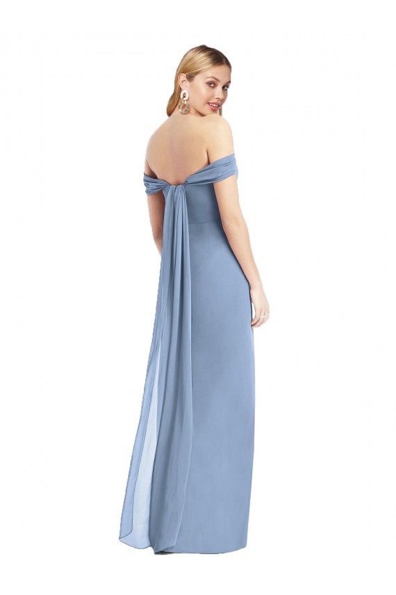 Buy Off the Shoulder Long Soft Chiffon Dusty Blue Sleeveless Semi Formal Evening Dress UK