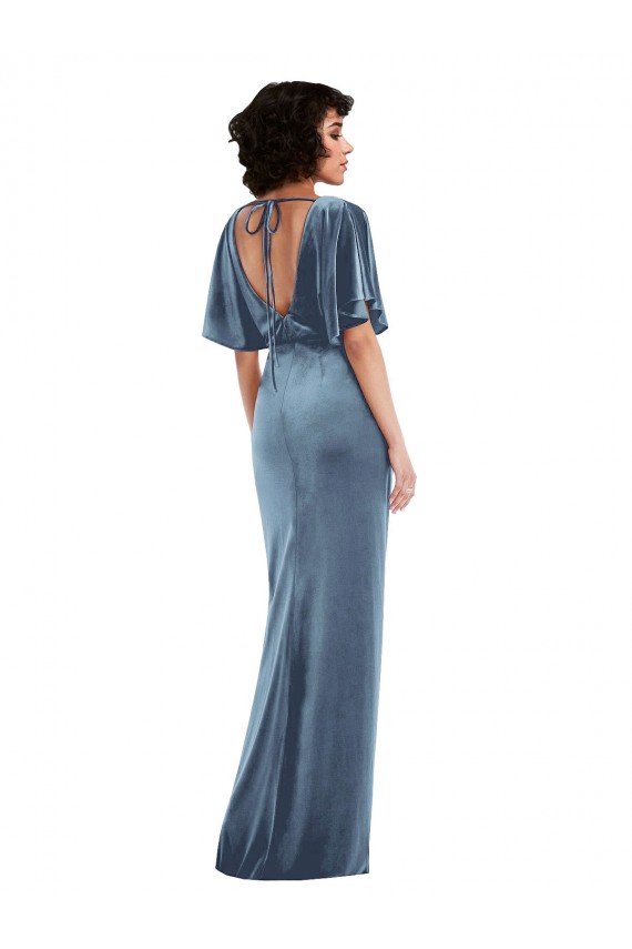 Buy Long Stretch Velvet Dusty Blue Flutter Sleeves Semi Formal Evening Dress UK