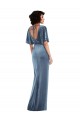 Buy Long Stretch Velvet Dusty Blue Flutter Sleeves Semi Formal Evening Dress UK