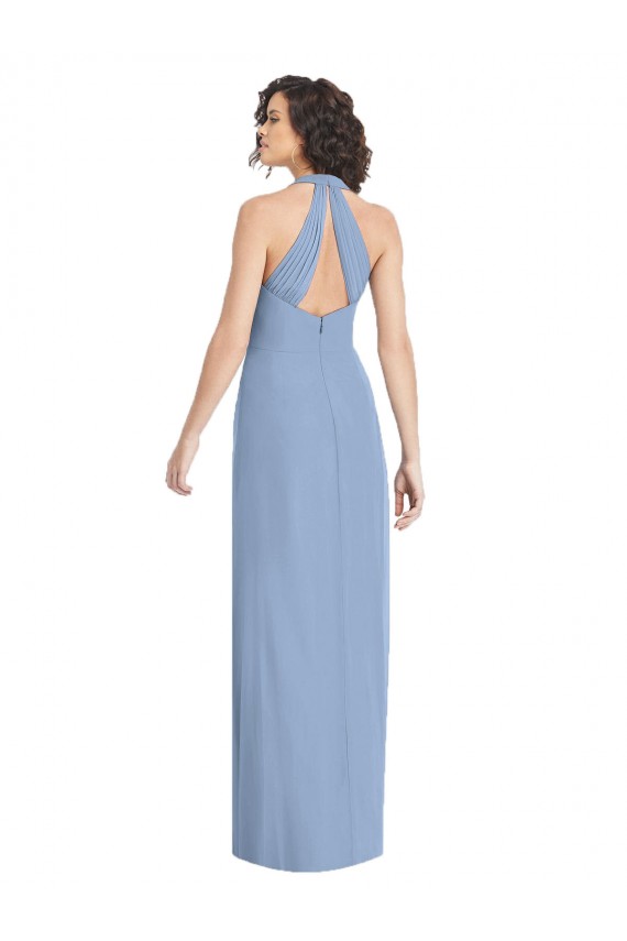 Buy V-Neck Long Soft Chiffon Dusty Blue Sleeveless Formal Evening Dress UK