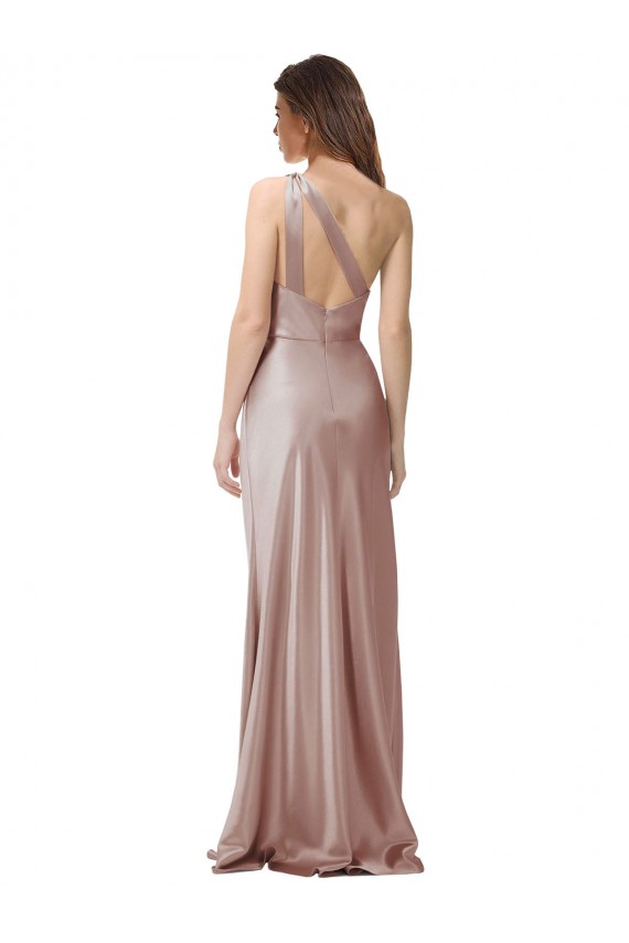 Buy One Shoulder Long Stretch Satin Dusty Pink Sleeveless Formal Evening Dress UK
