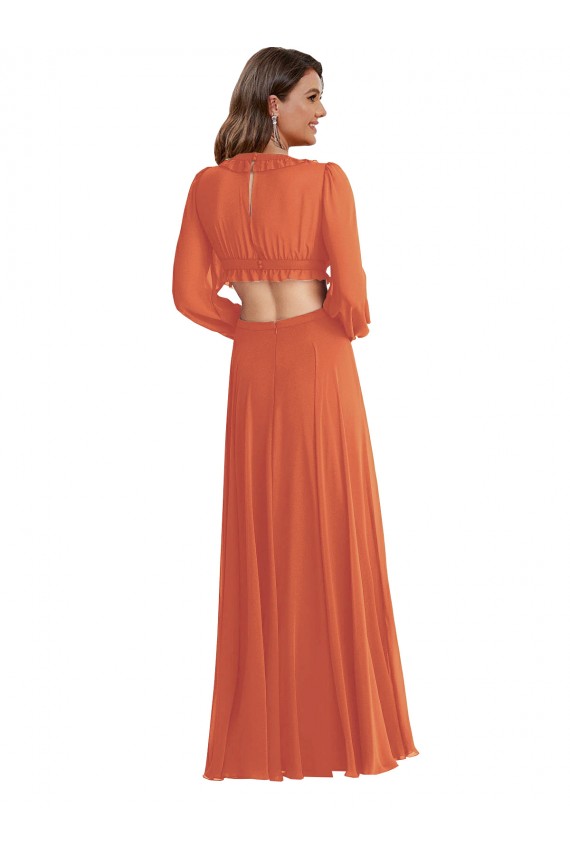 Buy V-Neck Long Soft Chiffon Firecracker Long Sleeves High Low Evening Dress UK