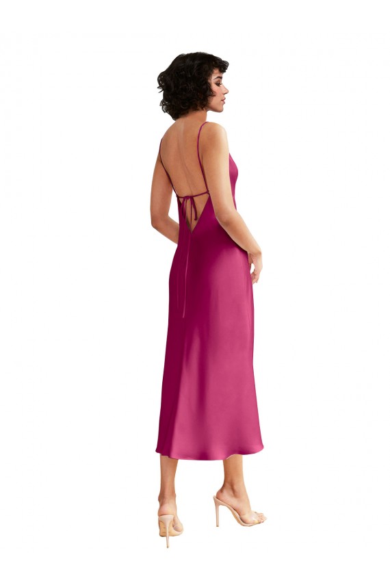 Buy V-Neck Midi Length Stretch Satin Fuchsia Sleeveless Formal Evening Dress UK