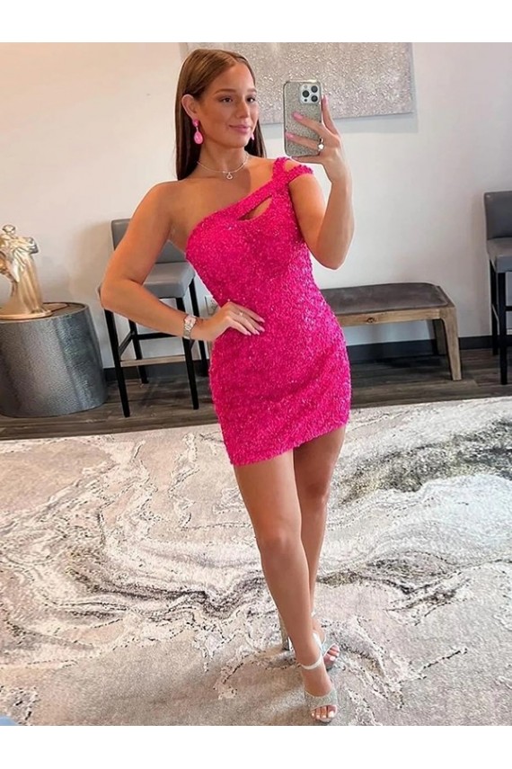 Buy One Shoulder Short Velvet Sequin Fuchsia Sleeveless Evening Dresses UK