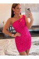 Buy One Shoulder Short Velvet Sequin Fuchsia Sleeveless Evening Dresses UK