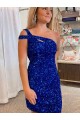 Buy One Shoulder Short Velvet Sequin Fuchsia Sleeveless Evening Dresses UK