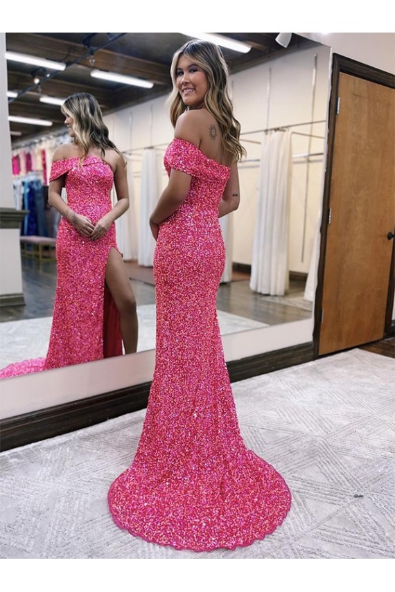 Buy One Shoulder Sweep Train Velvet Sequin Fuchsia Sleeveless Evening Gown UK