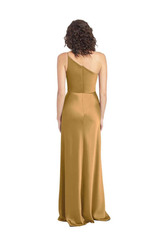 Buy One Shoulder Long Stretch Satin Gold Sleeveless Formal Evening Dress UK